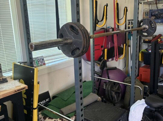 Exercise equipment squat rack bar weights bicycle